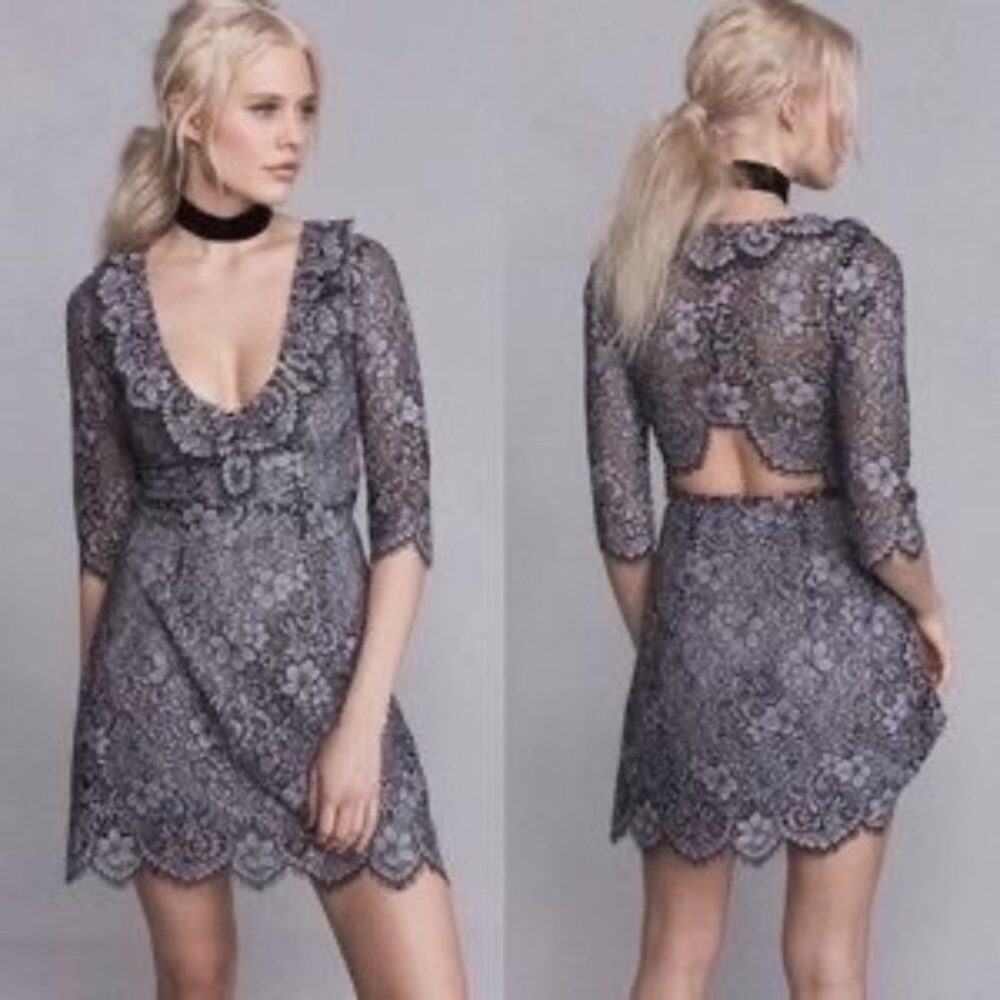 For Love and Lemons Grey Black Lace Theodora Dress NWOT L